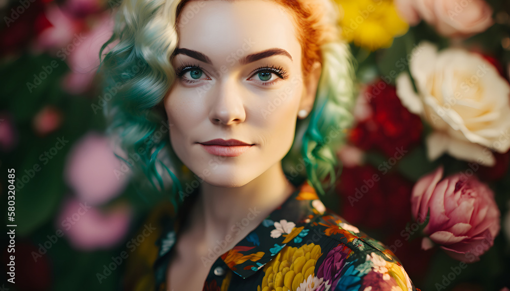 smiling cheerful woman surrounded by flowers in spring smiling cheerful woman surrounded by flowers in spring