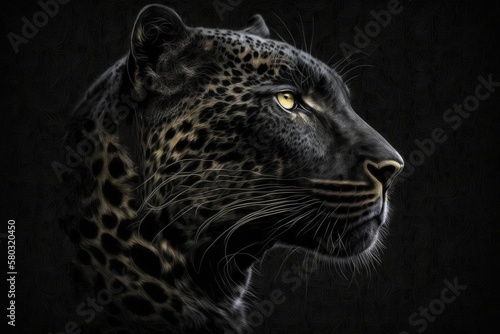 A picture of a leopard, or Panthera pardus. Black panther is another name for melanism in leopards. Black panther in profile, isolated. Generative AI photo