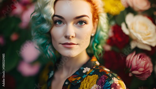 smiling cheerful woman surrounded by flowers in spring