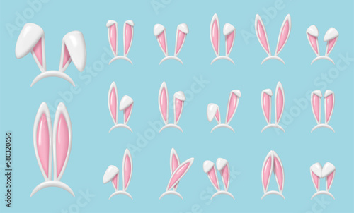 Rabbit ears realistic 3d vector illustrations set. Easter bunny ears plastic kid headband, mask collection.