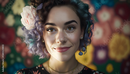 smiling cheerful woman surrounded by flowers in spring