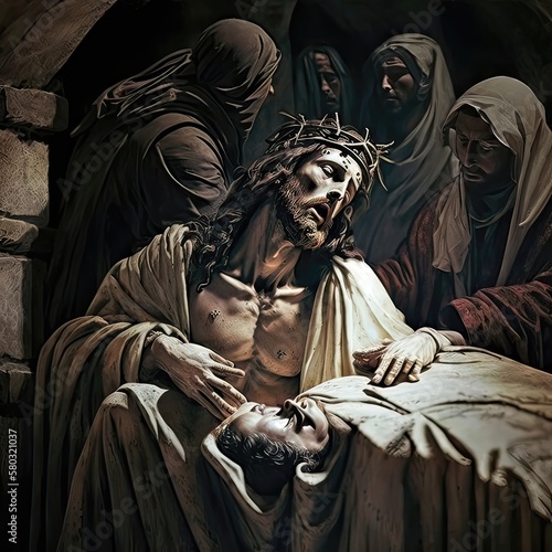 Fototapete A depiction of the crucifixion of Jesus Christ, showing him nailed to the cross with a crown of thorns on his head, surrounded by onlookers and soldiers