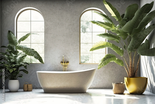 minimal design bathroom with white ceramic bathtub  banana tree  gold faucet and shower head with blank concrete wall and floor in sunlight from window for luxury product display - Generative AI