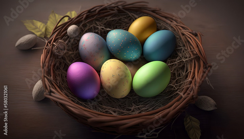 Easter eggs in basket Generative AI