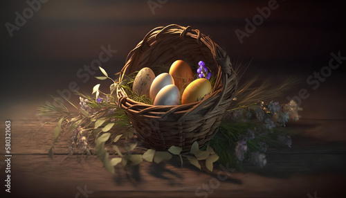 Easter eggs in basket Generative AI