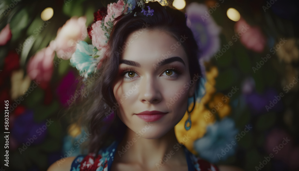 smiling cheerful woman surrounded by flowers in spring smiling cheerful woman surrounded by flowers in spring