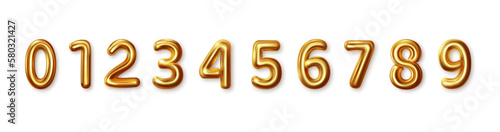 Set of gold isolated numbers. Gold metallic number 1 2 3 4 5 6 7 8 9 0. Bright metallic 3D, realistic. Vector