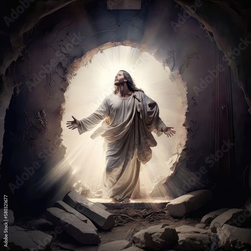 An emotional and poignant representation of the resurrection of Jesus, with subtle use of light and shadow creating a powerful contrast, symbolizing the triumph of life over death Fototapeta