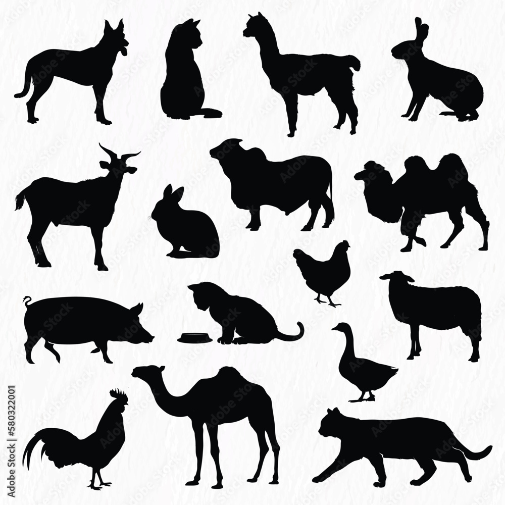 Vector collection of domestic farm animals silhouettes set. vector ...