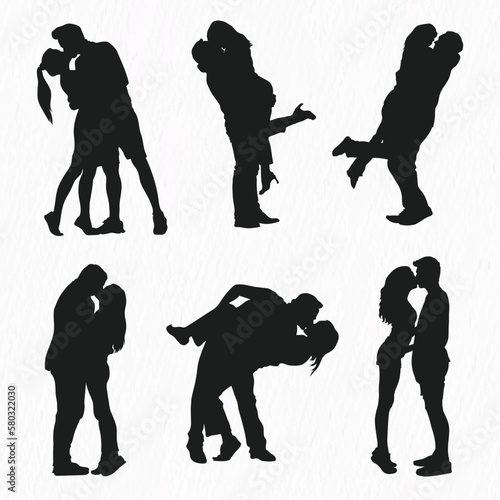 Vector silhouettes set of romantic couple kissing each other isolated on white background