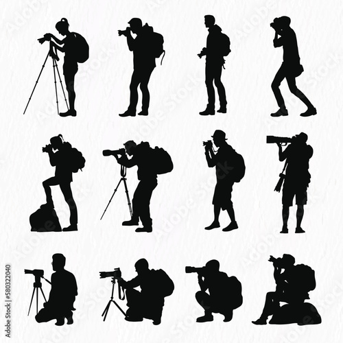  Vector vector silhouettes set of photographers. capturing images with a camera isolated on white background.