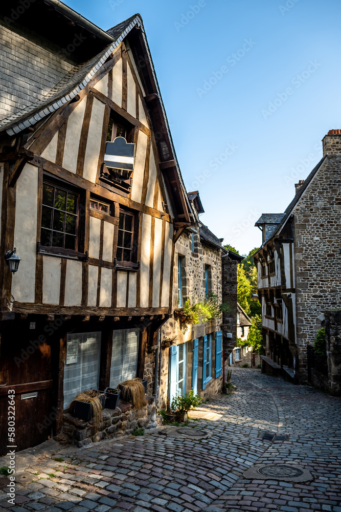 Breton Village Dinan With Narrow Alleys And Half-Timbered Houses In Department Ille et Vilaine In Brittany, France Breton Village Dinan With Narrow Alleys And Half-Timbered Houses In Department Ille et Vilaine In Brittany, France