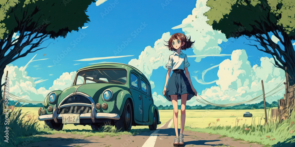 Anime girl standing in the middle of the road, surrounded by green