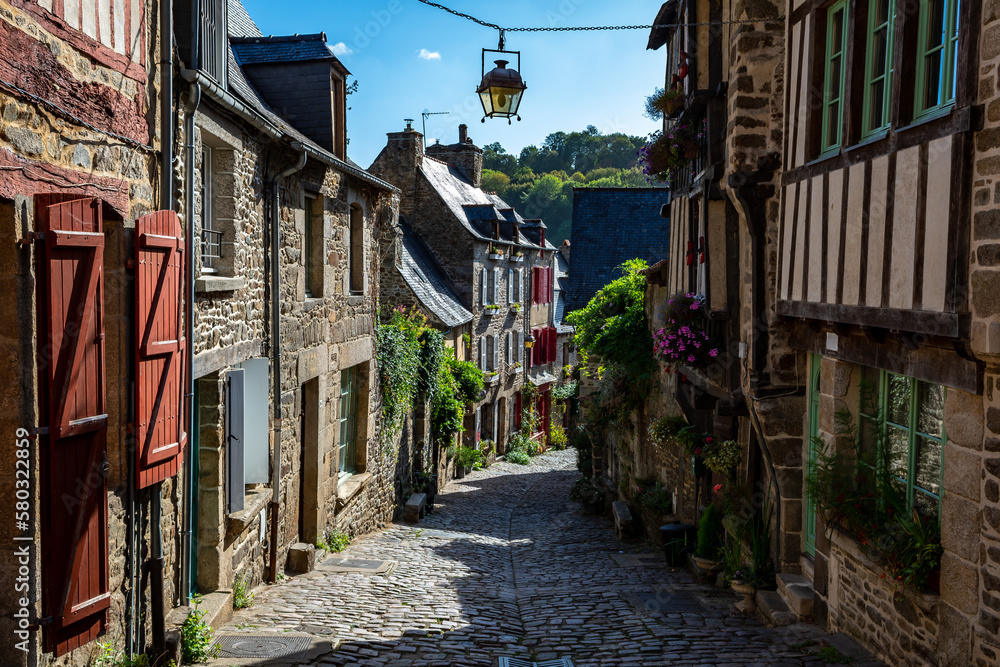 Obraz premium Breton Village Dinan With Narrow Alleys And Half-Timbered Houses In Department Ille et Vilaine In Brittany, France