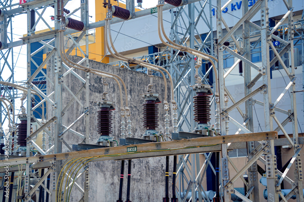 Fototapeta premium High voltage electric power plant current distribution substation