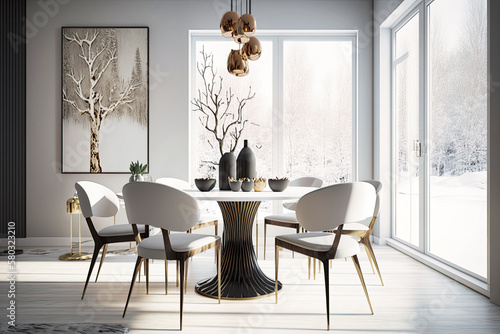 Elegant and luxury dining room with table and chairs in modern minimal contemporary house - Generative AI