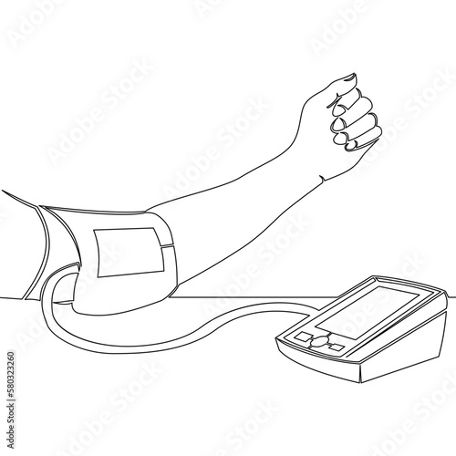Continuous line drawing Human hand using tonometer to measure check blood pressure and pulse concept