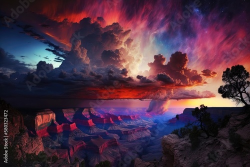 Amazing colors in the sky over the Grand Canyon. Generative AI