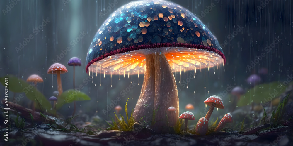 Fototapeta premium Fantasy mushroom in the dark forest. 3D rendering. Computer digital drawing. Fairy mushroom. Mushrooms in the forest with raindrops. Generative AI technology.