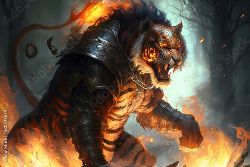 Angry tiger warrior with fire power and wearing golden armor, generative ai