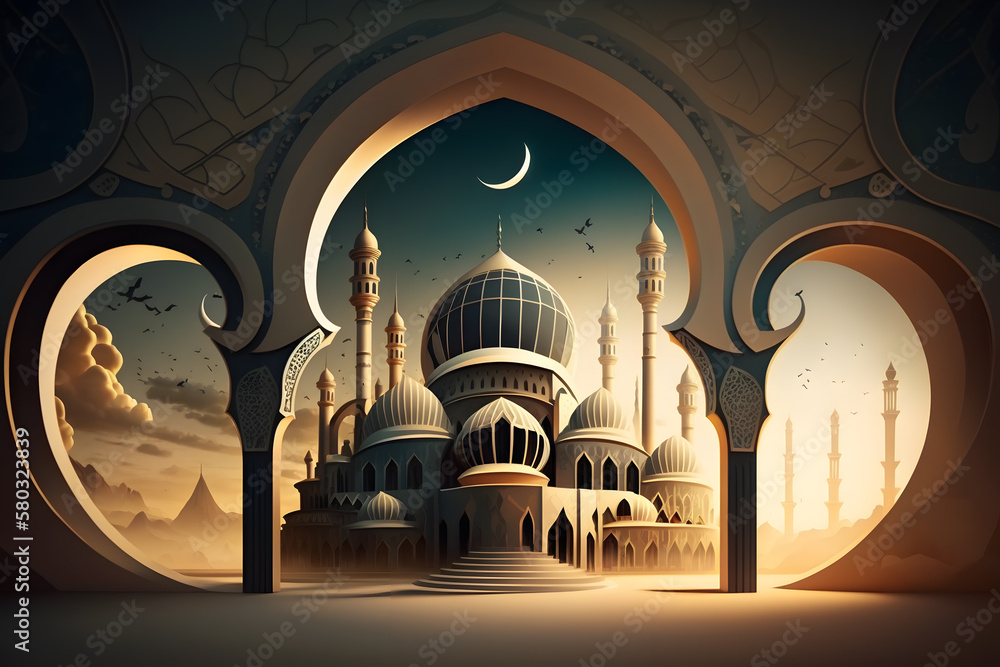 Fototapeta premium illustration of amazing architecture design of muslim mosque ramadan concept made with Generative AI