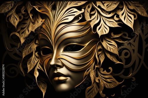 A female carnival mask with a gold background. Generative AI