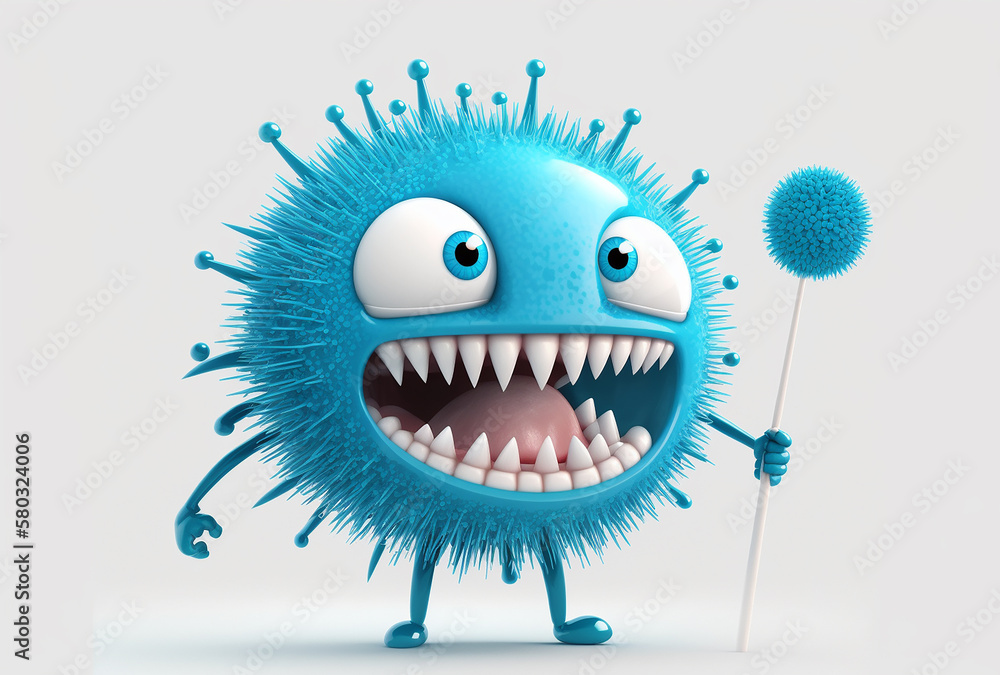 Fototapeta premium Illustration of funny blue virus character with happy face isolated on white. Generative AI.