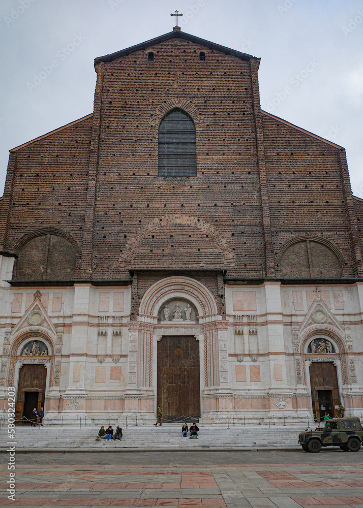 Bologna, Italy - 16 Nov 2022: Basilica di san Petronio in Piazza Maggiore, Bologna, capital of the Emilia Romagna Region