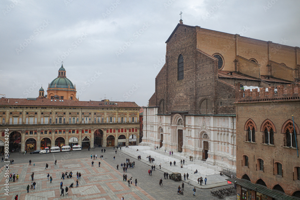 Bologna, Italy - 16 Nov 2022: Basilica di san Petronio in Piazza Maggiore, Bologna, capital of the Emilia Romagna Region