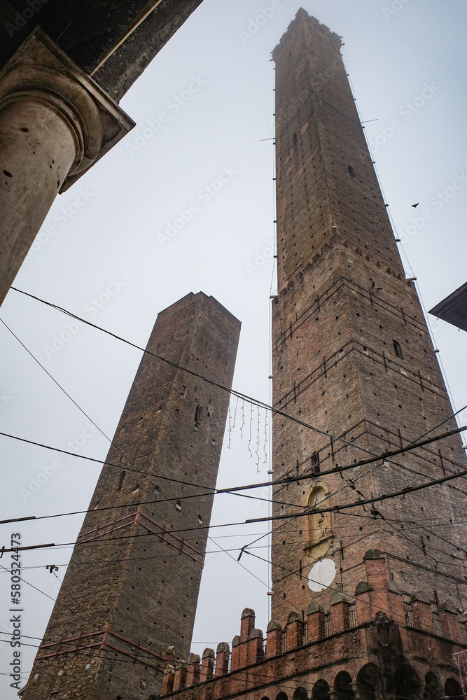 Bologna, Italy - 16 Nov, 2022: The two famous falling towers of Asinelli and Garisenda