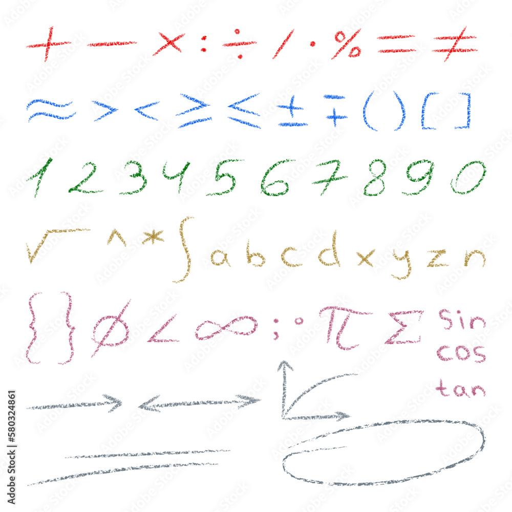Hand drawn math symbols. Numbers, signs, letters, algebra and geometry ...