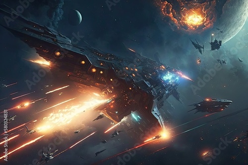 Fotobehang Space combat between battle cruisers and spacecraft with laser fire, sparks, and explosions A military installation is being attacked by space fighters