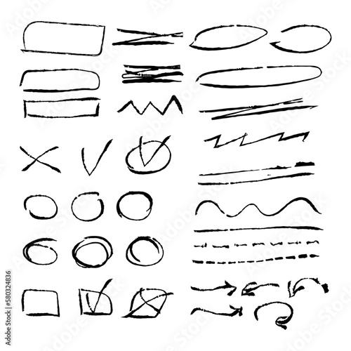Hand drawn business symbols. Underlining, highlighting, circles, squares, ticks, crosses. Vector illustrations for graphic design, notes, presentations