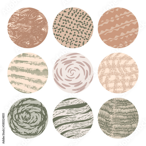 Hand-drawn set of round abstract doodles. Lines, curves, cells, doodles. Modern fashion vector illustration. For graphic design, wallpaper, packaging, poster, social media icons template