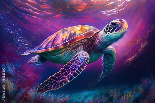 turtle swimming under purple sea, generative ai