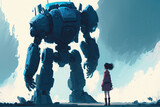 illustration painting of young girl standing looking at giant blue robot, digital art style. (ai generated)