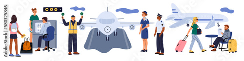 Cartoon people in airport. Airline employees. Different professions. Attendant and pilot. Ticket check agents. Airplane boarding. Passengers bags control. Garish vector elements set
