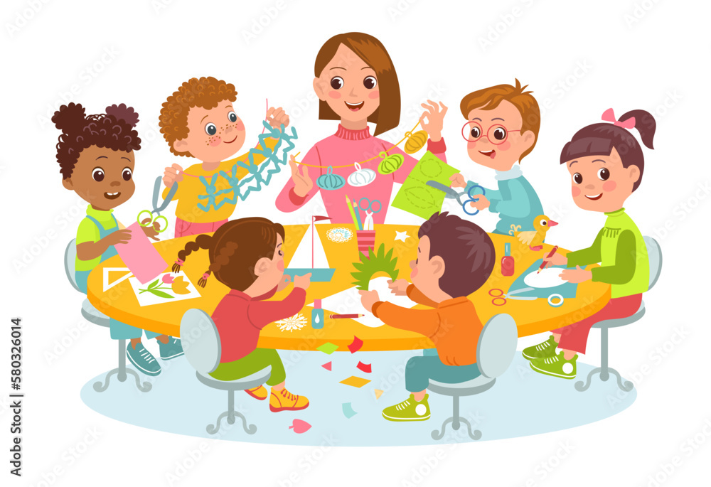 Children make paper crafts with teacher. Joint creativity. Students group at table. Kids carve figurines. Boys and girls cut and fold pages. Kindergarten lesson. Splendid vector concept