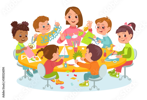 Children make paper crafts with teacher. Joint creativity. Students group at table. Kids carve figurines. Boys and girls cut and fold pages. Kindergarten lesson. Splendid vector concept