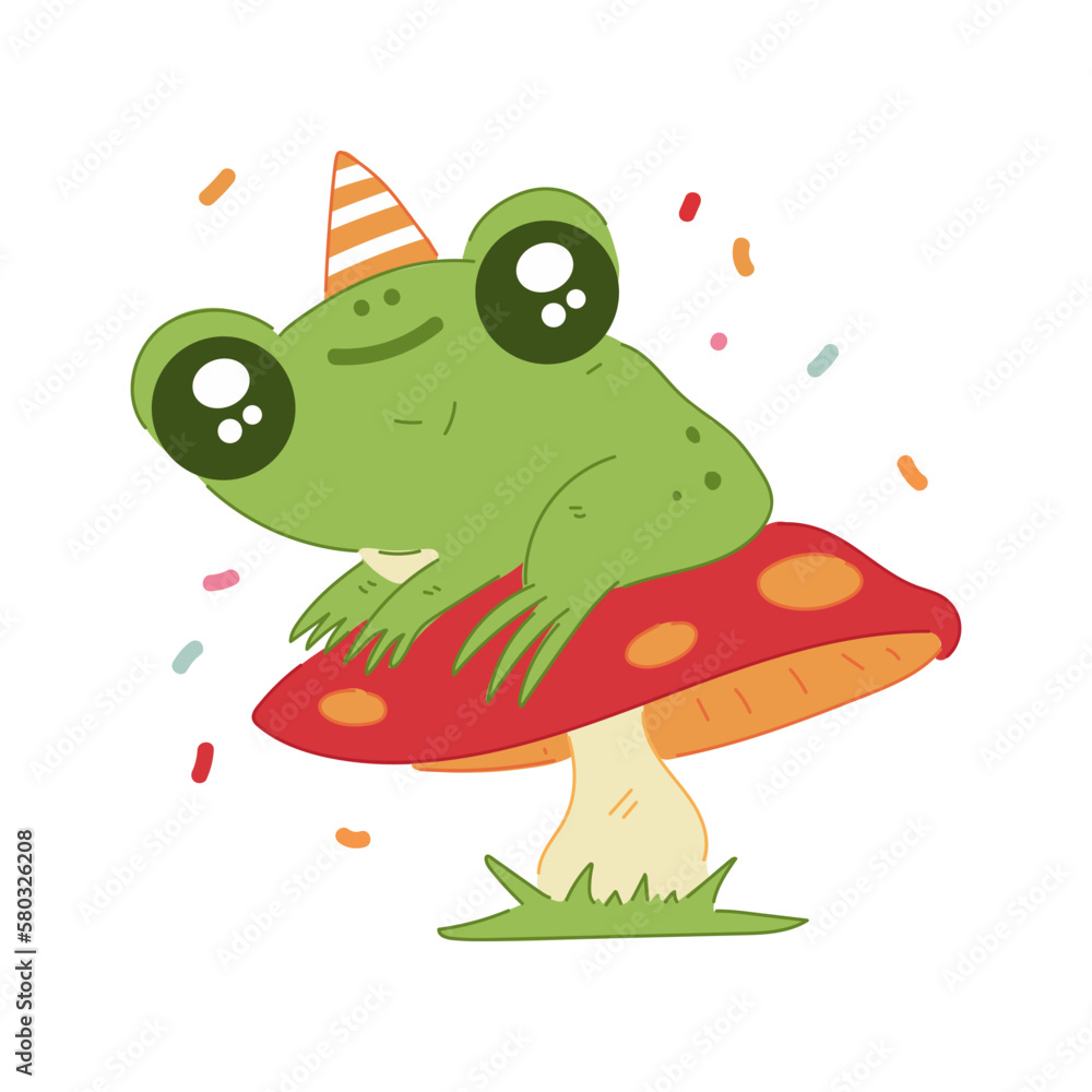 Obraz premium Cute little frog on mushroom vector cartoon illustration isolated on a white background.