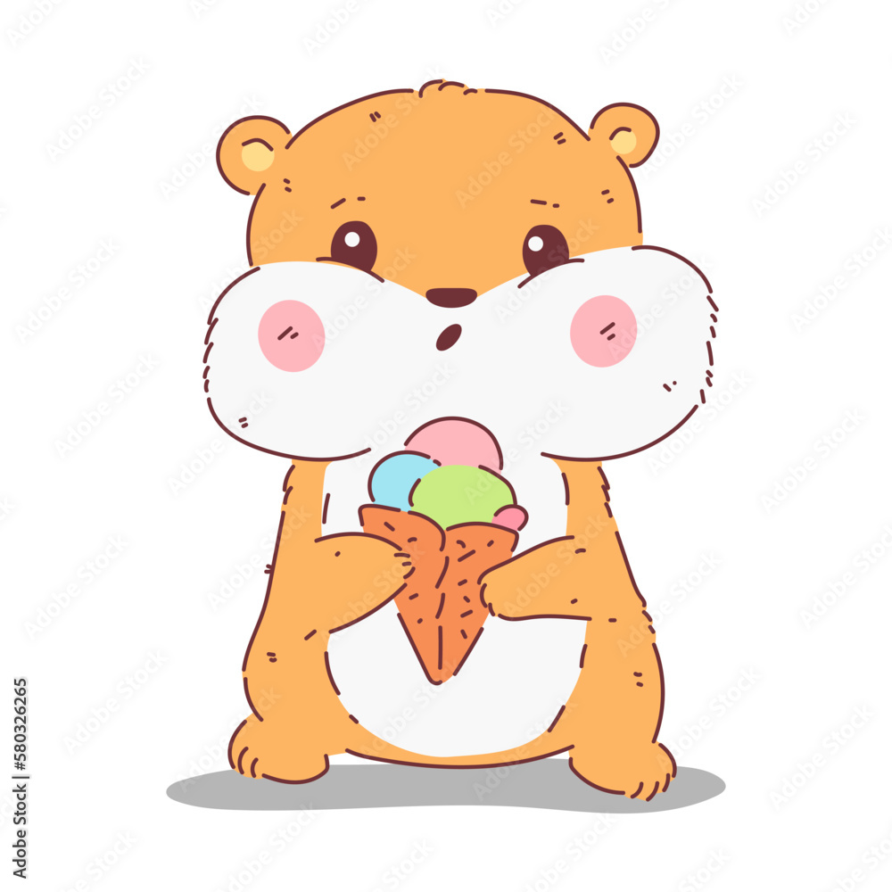 Obraz premium Cute hamster with ice-cream vector cartoon character isolated on a white background.
