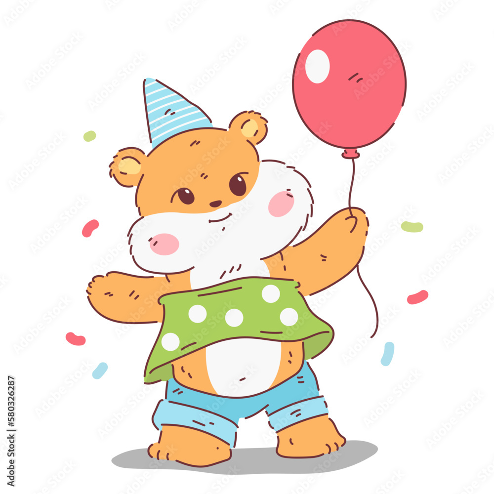Naklejka premium Cute hamster celebrating birthday vector cartoon character isolated on a white background.