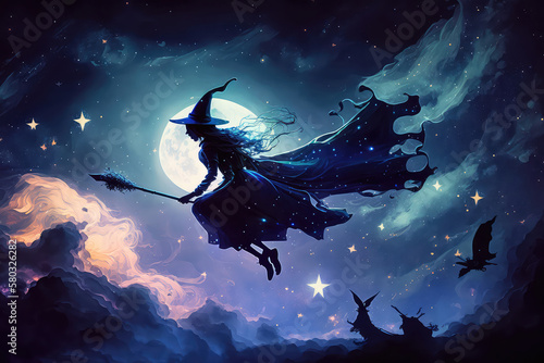 A witch flying on a broomstick, with bats accompanying her in front of the full moon. Digital painting. (ai generated) photo