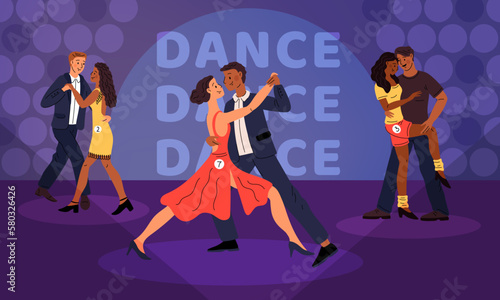 Dance contest. Contemporary choreography competitions. Ballroom dancing. Guys and girls with participant numbers. Tango or bachata tournament. Dancers performance. Garish vector concept