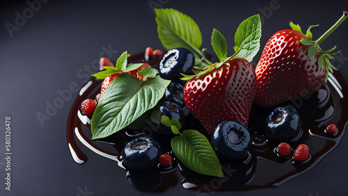 Gourmet illustration of delicious treat - fresh strawberries and blueberries. Generative AI