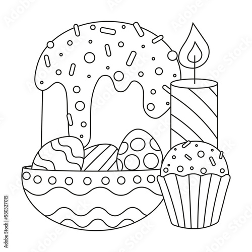 Easter cupcake with sweet sprinkles, candle and eggs with ornaments on a plate. Line art.