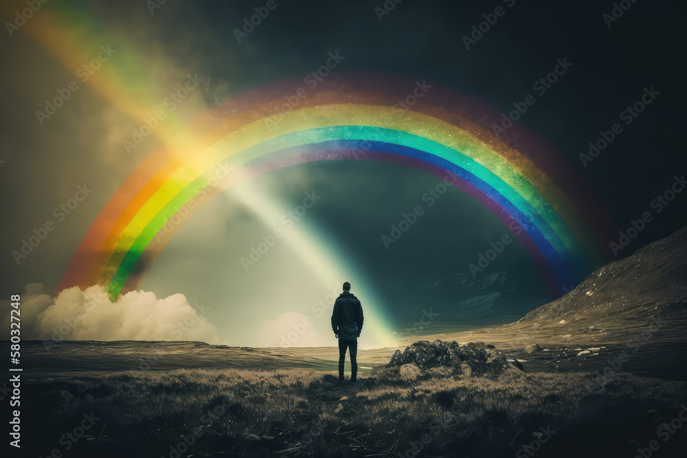 person standing in front of a rainbow, representing hope and the possibility (AI Generated)