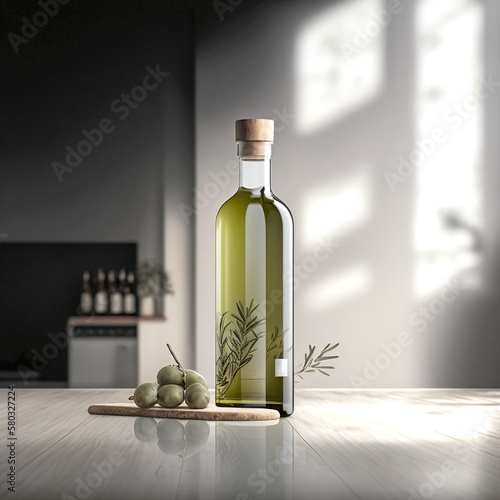Bottle of olive oil on white table (ID: 580327224)