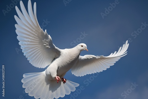 A white dove of peace flies in front of a blue sky as a digital illustration (Generative AI)