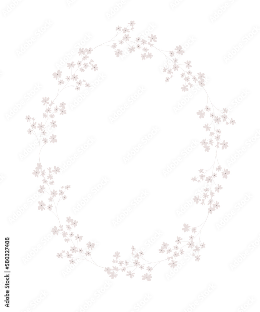 Hand drawn delicate floral frame, a wreath of pink small flowers Hand drawn delicate floral frame, a wreath of pink small flowers